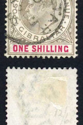 Gibraltar SG51 KEVII 1/- Black and carmine Wmk Crown CA Cat 38 pounds