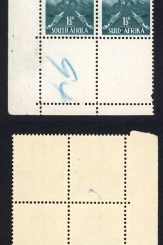 South Africa SG90 1 1/2d myrtle-green U/M Block (offset on 2 stamps)