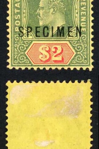 Straits Settlements SG166s KEVII 2 dollar Green and red/yellow Opt SPECIMEN M/M