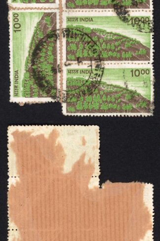 India SG936 10r POSTAL FORGERY x 7 on piece Strip of Four