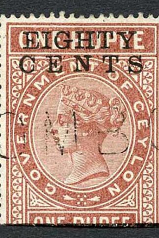 Ceylon QV SGT88 80c on 1r Red-brown Telegraph Stamp Wmk Crown CA (Narrow)