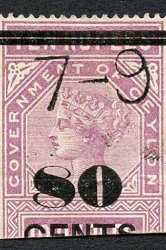 Ceylon QV SGT108 80c on 10r Rose-lilac Telegraph Stamp Wmk Crown CA (Narrow)