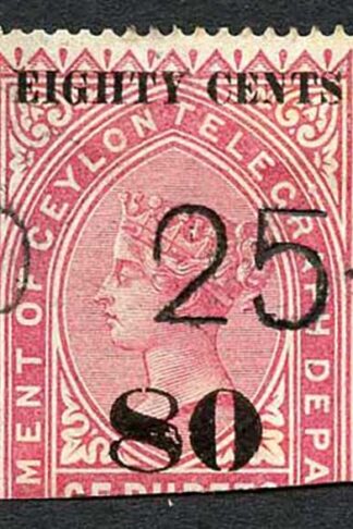 Ceylon QV SGT117 80c on 25r Bright Rose Telegraph Stamp Wmk Crown CA (Narrow)