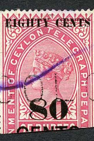 Ceylon QV SGT117 80c on 25r Bright Rose Telegraph Stamp Wmk Crown CA (Narrow)