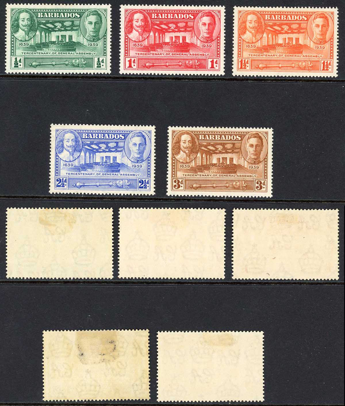 Barbados SG257/61 1939 KGVI Set of 5 Wmk Mult Script CA M/M cat 17