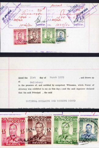 Southern Rhodesia SG52 5/- plus 10/- 2 pounds and 5 pounds Revenues on piece