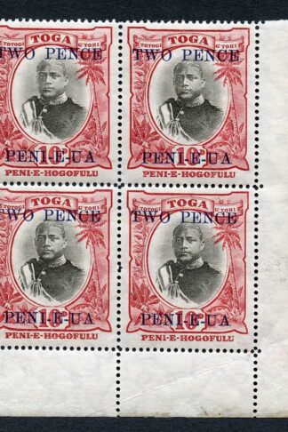 Tonga SG66 1923-4 2d on 10d Corner Block (Plate retouch NW Corner) M/M