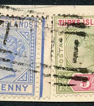 Turks and Caicos SG72 5d Olive-green and Carmine And 2 1/2d ultramarine on piece