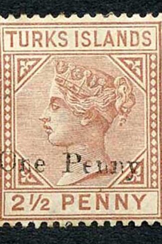 Turks and Caicos SG61 1d on 2 1/2d red-brown M/M Cat 25 pounds
