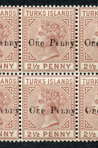 Turks and Caicos SG61 1d on 2 1/2d red-brown U/M BLOCK of SIX Cat 150++++ pounds