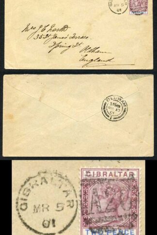 Gibraltar SG41 1901 2d Brown-purple and Ultramarine on cover to England