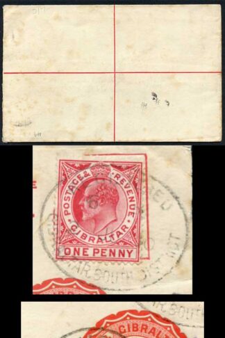 Gibraltar KEVII 2d red registered P/S envelope (size G) uprated to England