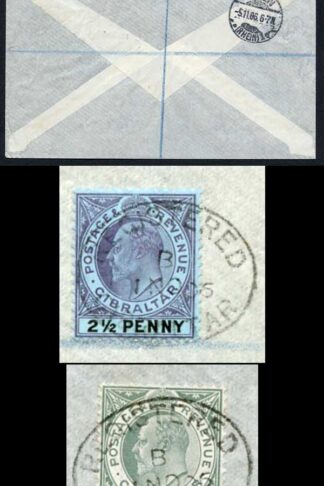 Gibraltar SG49.56a and 58 1906 1/2d. 2d and 2 1/2d registered cover to Germany