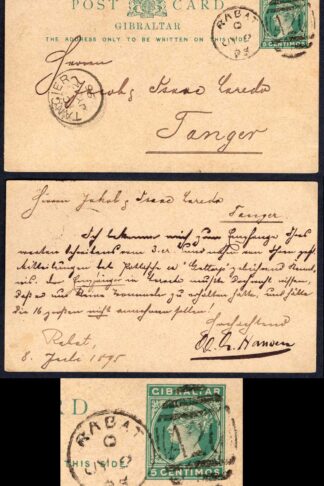 MOROCCO AGS 1895 Gibraltar 5c postcard RABAT duplex