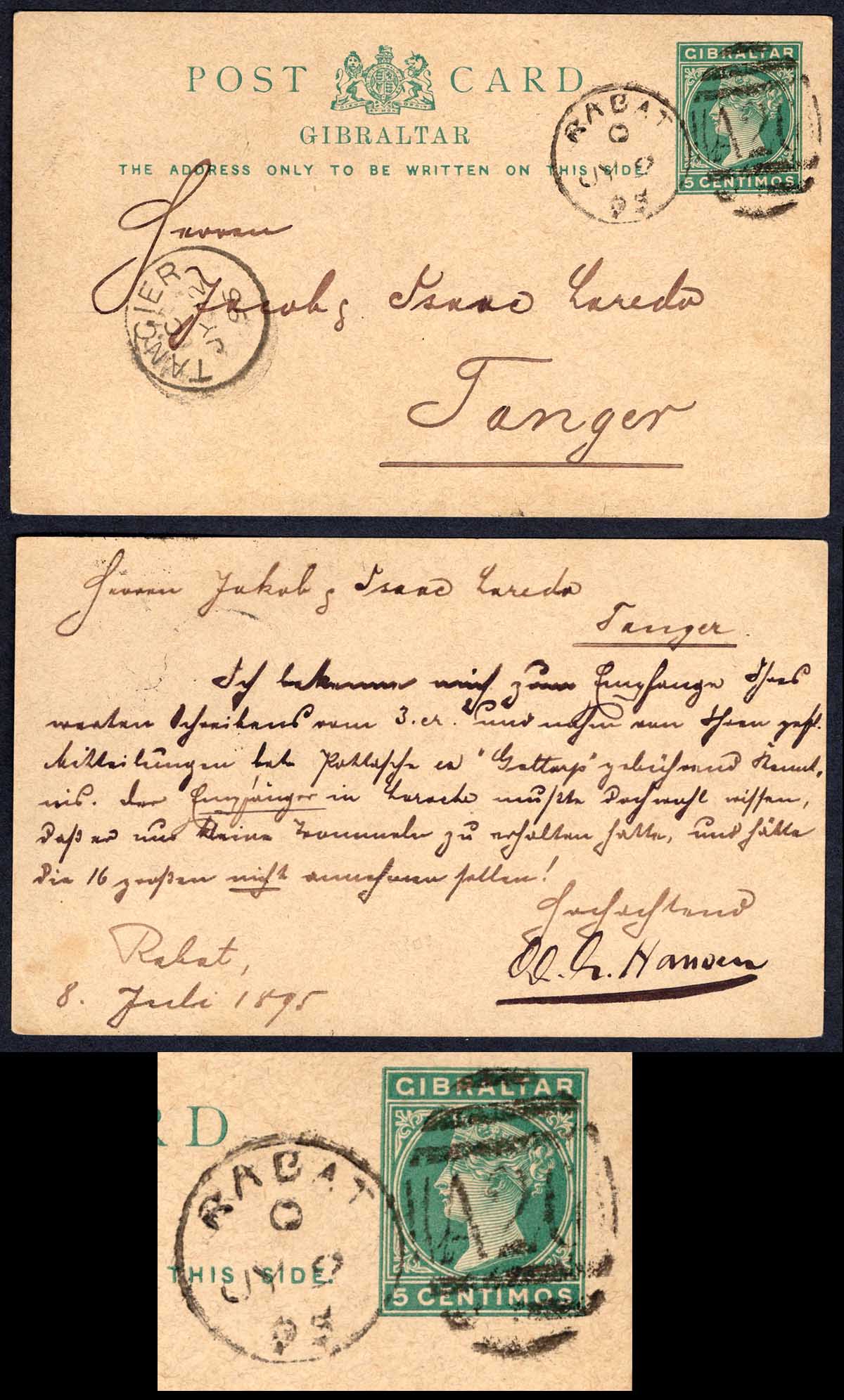 MOROCCO AGS 1895 Gibraltar 5c postcard RABAT duplex