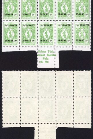 Cyprus (Turkish) Revenue 1977 25TL on 100m Block of 10 U/M