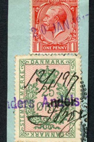 KGV 1d plus Denmark stamp on piece
