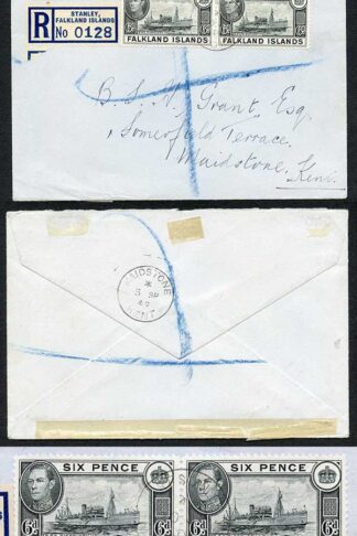 Falkland Is SG156 6d Black Pair on registered cover to England