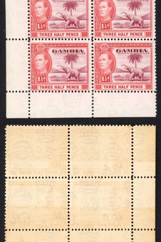 Gambia SG152a KGVI 1 1/2d Brown-lake and Scarlet Block of 4 M/M