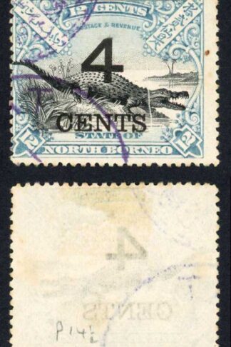 North Borneo SG115 4c on 12c 14.5-15 Pre-printed crease crocodile head cut