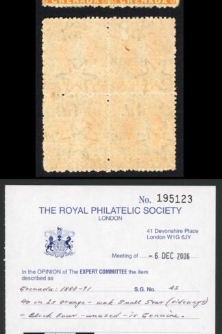Grenada SG42 4d on 2/- orange with 5mm spacing Mint block of four RPS Cert