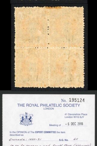 Grenada SG45 1d. on 2/- orange Mint block of four RPS Cert