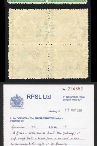 Grenada SG19 1d Green Wmk Small Star (sideways) Perf 14.5 Mint Block RPS Cert