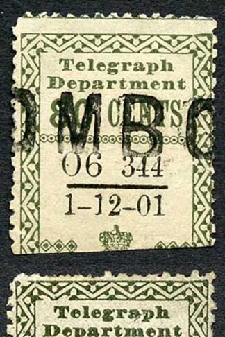 Ceylon Telegraph SGT138 80c Olive Variety BLOT on N of CENTS 1 Dec 1901