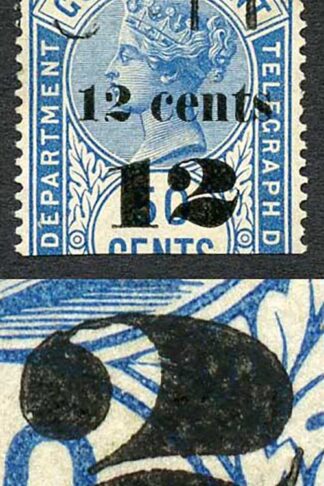 Ceylon Telegraph SGT25 12c on 50c Blue Type T19 Broken 2