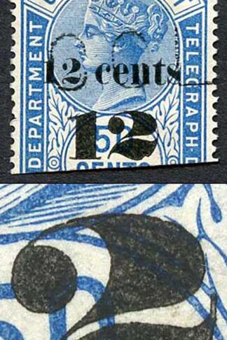 Ceylon Telegraph SGT25 12c on 50c Blue Type T19 Nick at Base of 2