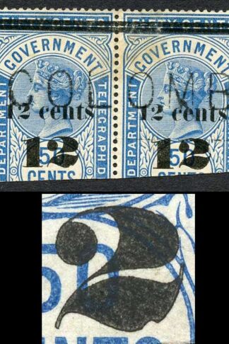 Ceylon Telegraph SGT25 12c on 50c Blue Type T19 Nick at Base of 2