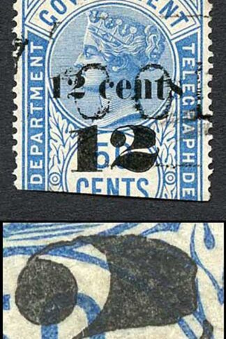 Ceylon Telegraph SGT25 12c on 50c Blue Type T19 Defective back of 2