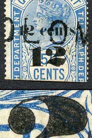 Ceylon Telegraph SGT25 12c on 50c Blue Type T19 Nick at Base of 2