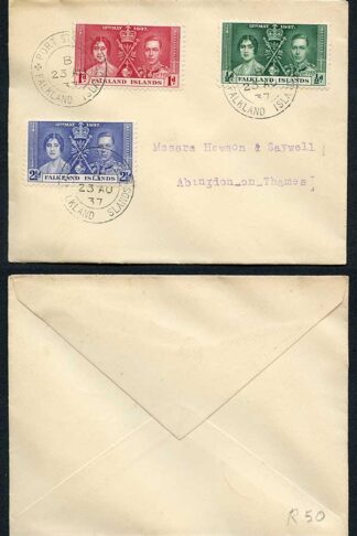 Falkland SG143/5 1937 Coronation set on cover (NOT FDC)