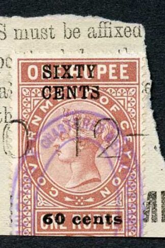Ceylon Telegraph SGT62 60c on 1R Type 57 S of Sixty Defective