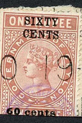 Ceylon Telegraph SGT62 60c on 1R Type 57 N of large cents defective