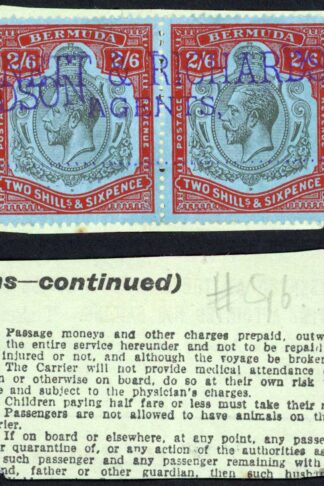 Bermuda SG89 2/6 Black and Carmine on pale blue PAIR Fiscal Cancel