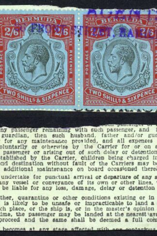 Bermuda SG89a 2/6 PAIR Fiscal Cancel Right Stamp with Break in Scroll Ex Dickgi