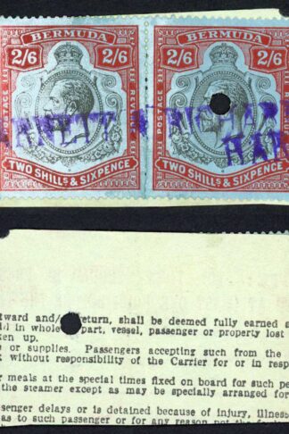 Bermuda SG89c 2/6 PAIR Fiscal Cancel Right Stamp Nick in top right in Scroll