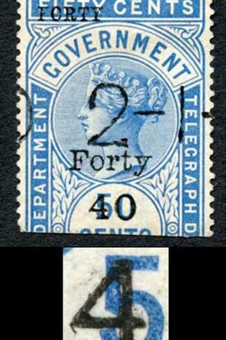 Ceylon Telegraphs SGT41Var 40c on 50c Blue 4 of 40 Short Cross-stroke Cat 80