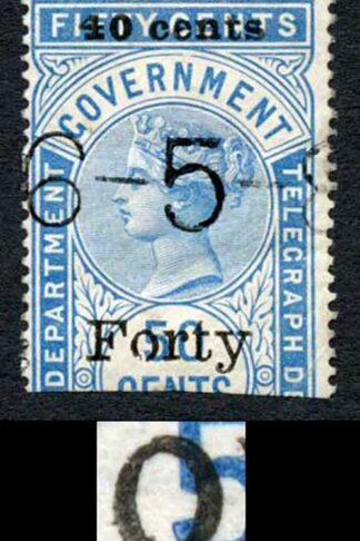 Ceylon Telegraphs SGT43Var 40c on 50c Blue Type T38 Broken 0 in Forty Cat 28