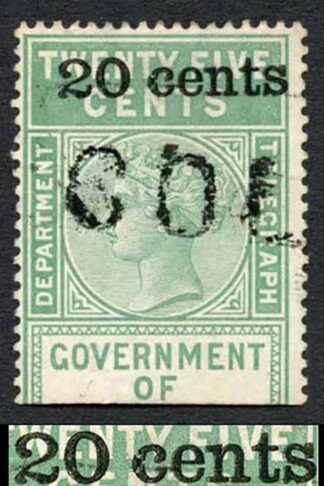 Ceylon Telegraph SGT28 20c on 25c Green Type T23 Kiss print