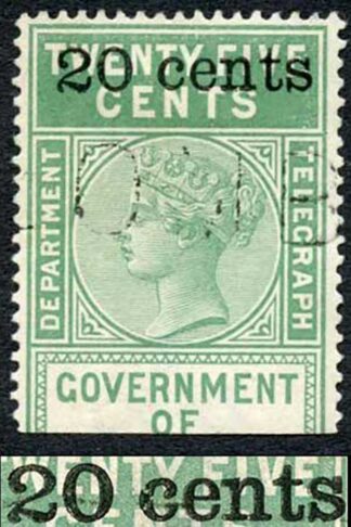 Ceylon Telegraph SGT28 20c on 25c Green Type T23 N of Cents Doubled