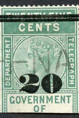 Ceylon Telegraph SGT29 20c on 25c Green Type T24 broken at waist