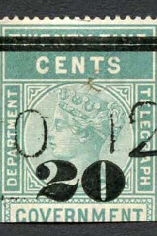 Ceylon Telegraph SGT29 20c on 25c Green Type T24 broken at waist