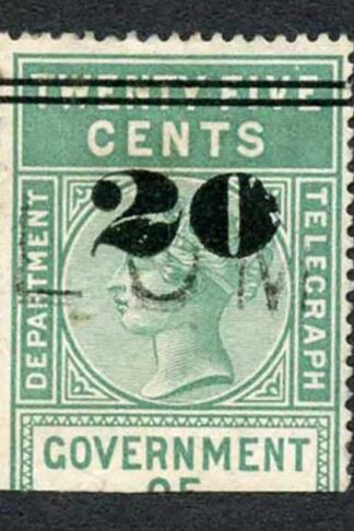 Ceylon Telegraph SGT30 20c on 25c Green Type T25 Defective 0 in 20
