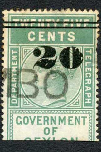Ceylon Telegraph SGT30 20c on 25c Green Type T25 Defective 0 in 20