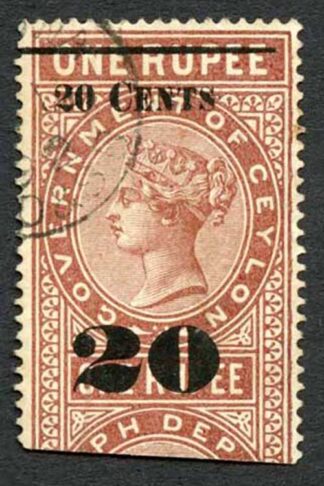 Ceylon Telegraph SGT37 20c on 1r Red-brown Type T32 (18mm) Scarce