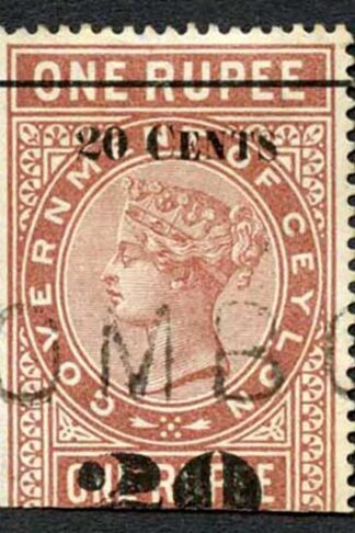 Ceylon Telegraph SGT37 20c on 1r Red-brown Type T32 (19mm) Scarce