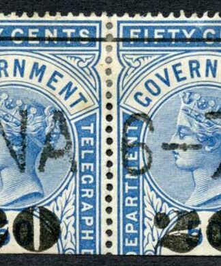 Ceylon Telegraph SGT36 20c on 50c Blue Type T31 PAIR